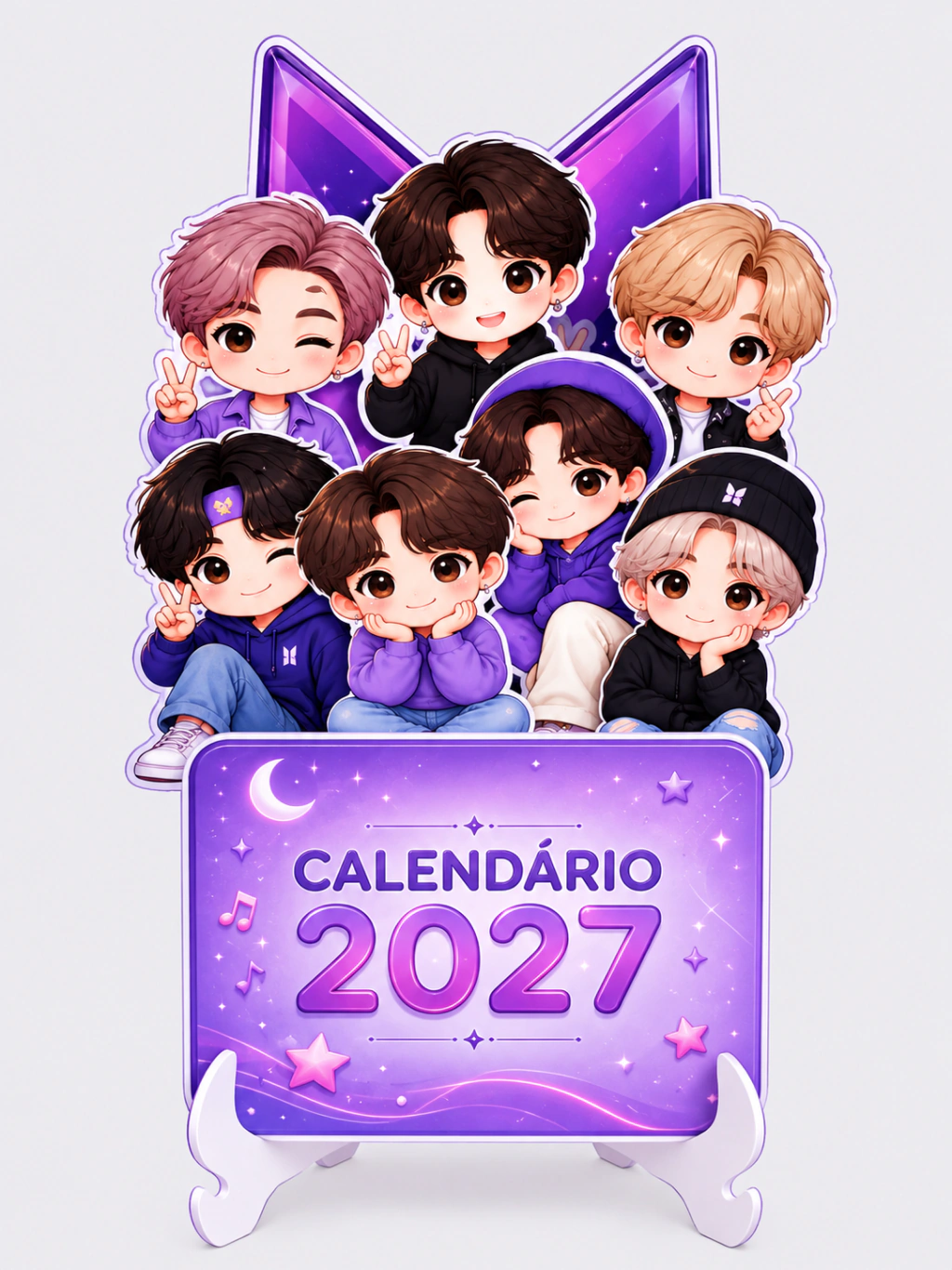 Calendário BTS 2027 com sete personagens ilustrados, capa roxa e suporte branco